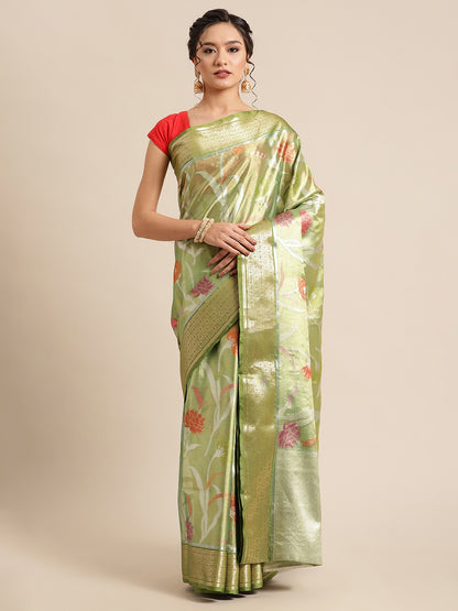 Faishana Presents Lemon & Green Tissue Meena Jaal Zari Border With Green Blouse Banarasi Saree