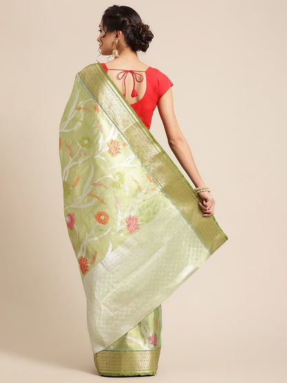 Faishana Presents Lemon & Green Tissue Meena Jaal Zari Border With Green Blouse Banarasi Saree