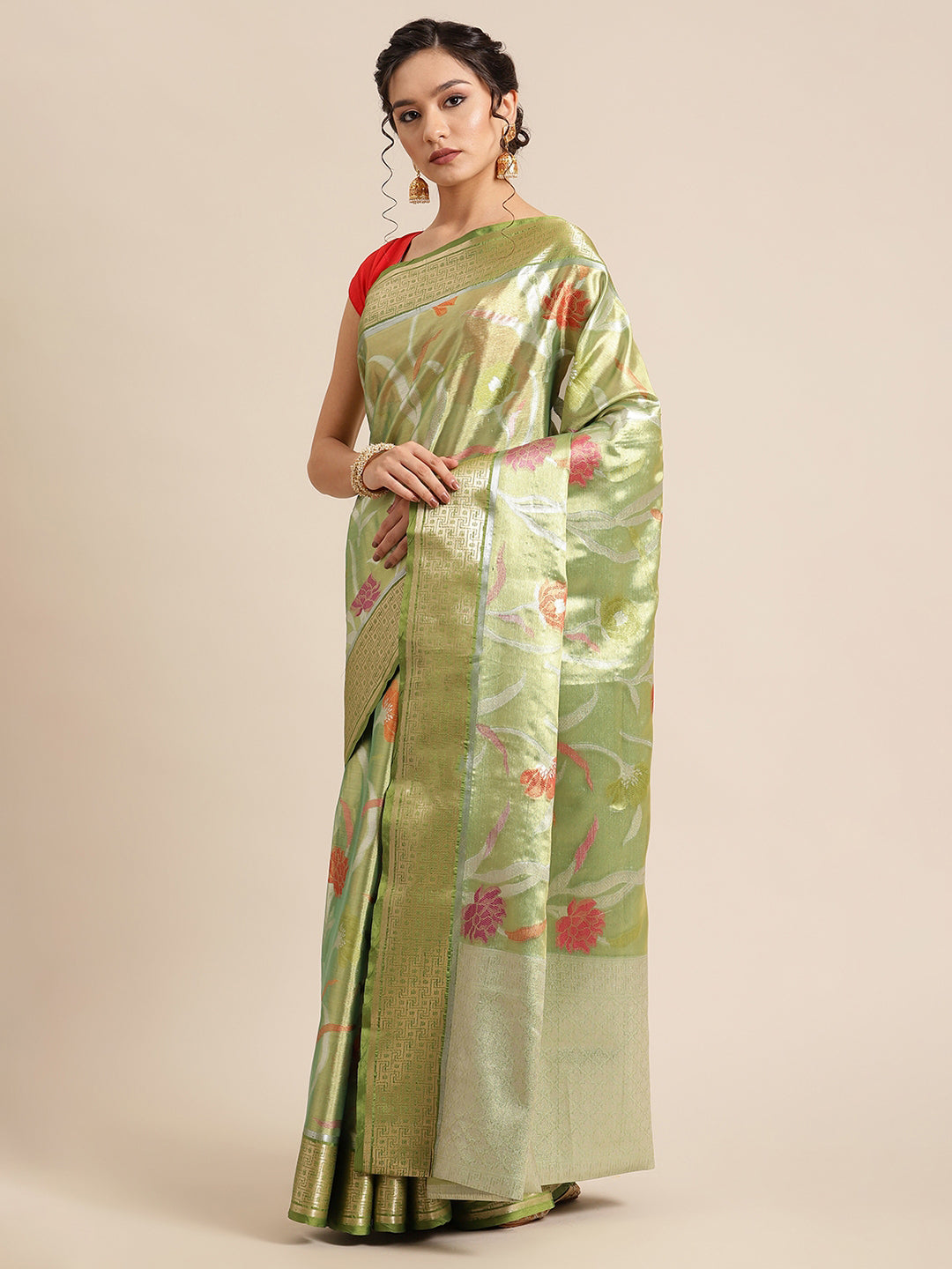 Faishana Presents Lemon & Green Tissue Meena Jaal Zari Border With Green Blouse Banarasi Saree