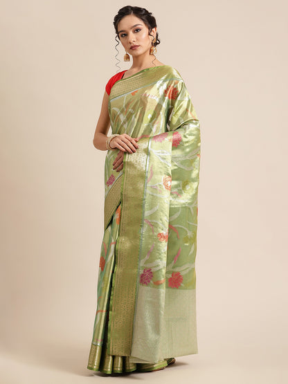 Faishana Presents Lemon & Green Tissue Meena Jaal Zari Border With Green Blouse Banarasi Saree