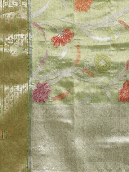 Faishana Presents Lemon & Green Tissue Meena Jaal Zari Border With Green Blouse Banarasi Saree