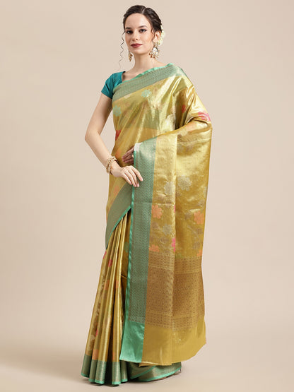 Faishana Presents Antique Gold & Seagreen Tissue Meena Jaal Zari Border With Seagreen Blouse Banarasi Saree