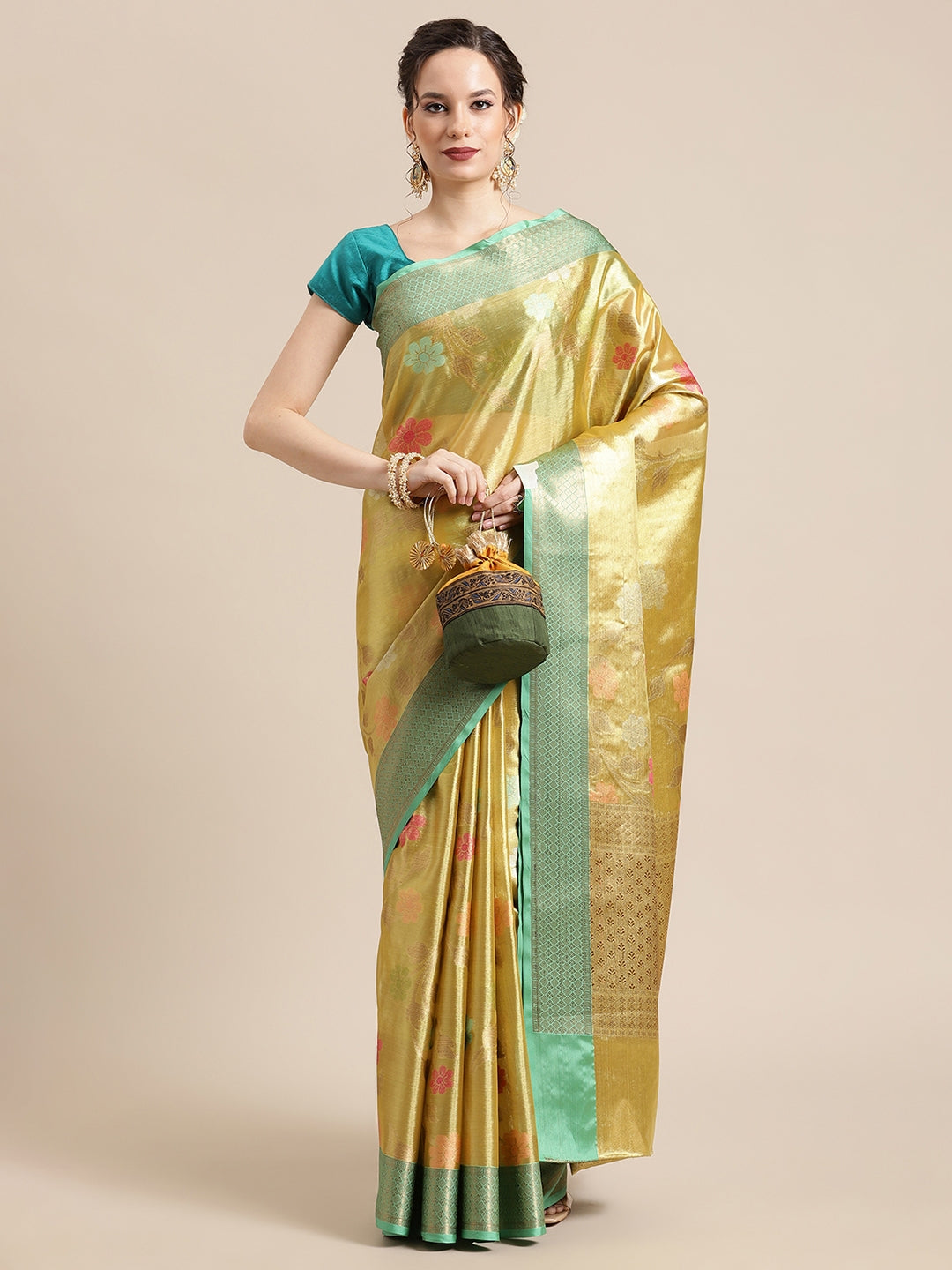 Faishana Presents Antique Gold & Seagreen Tissue Meena Jaal Zari Border With Seagreen Blouse Banarasi Saree