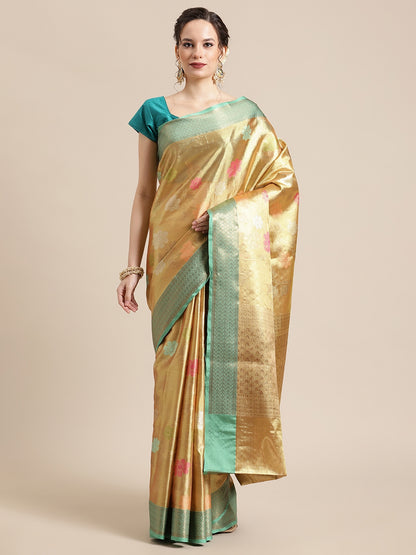 Faishana Presents Pure Gold & Seagreen Tissue Meena Jaal Border With Gold Blouse Banarasi Saree