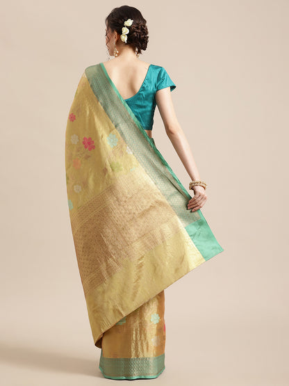 Faishana Presents Pure Gold & Seagreen Tissue Meena Jaal Border With Gold Blouse Banarasi Saree