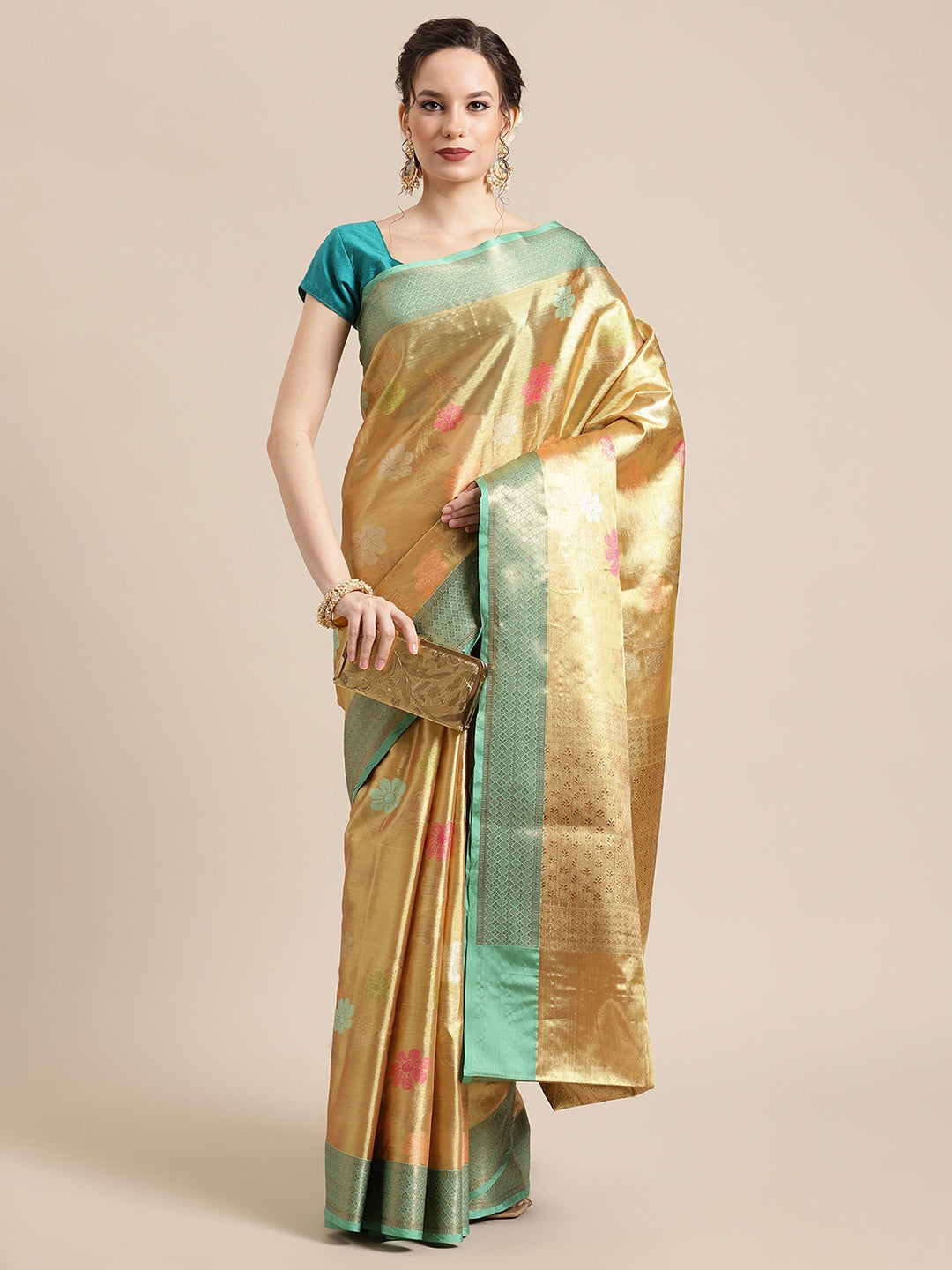 Faishana Presents Pure Gold & Seagreen Tissue Meena Jaal Border With Gold Blouse Banarasi Saree