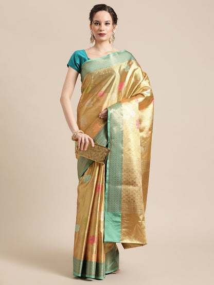 Faishana Presents Pure Gold & Seagreen Tissue Meena Jaal Border With Gold Blouse Banarasi Saree
