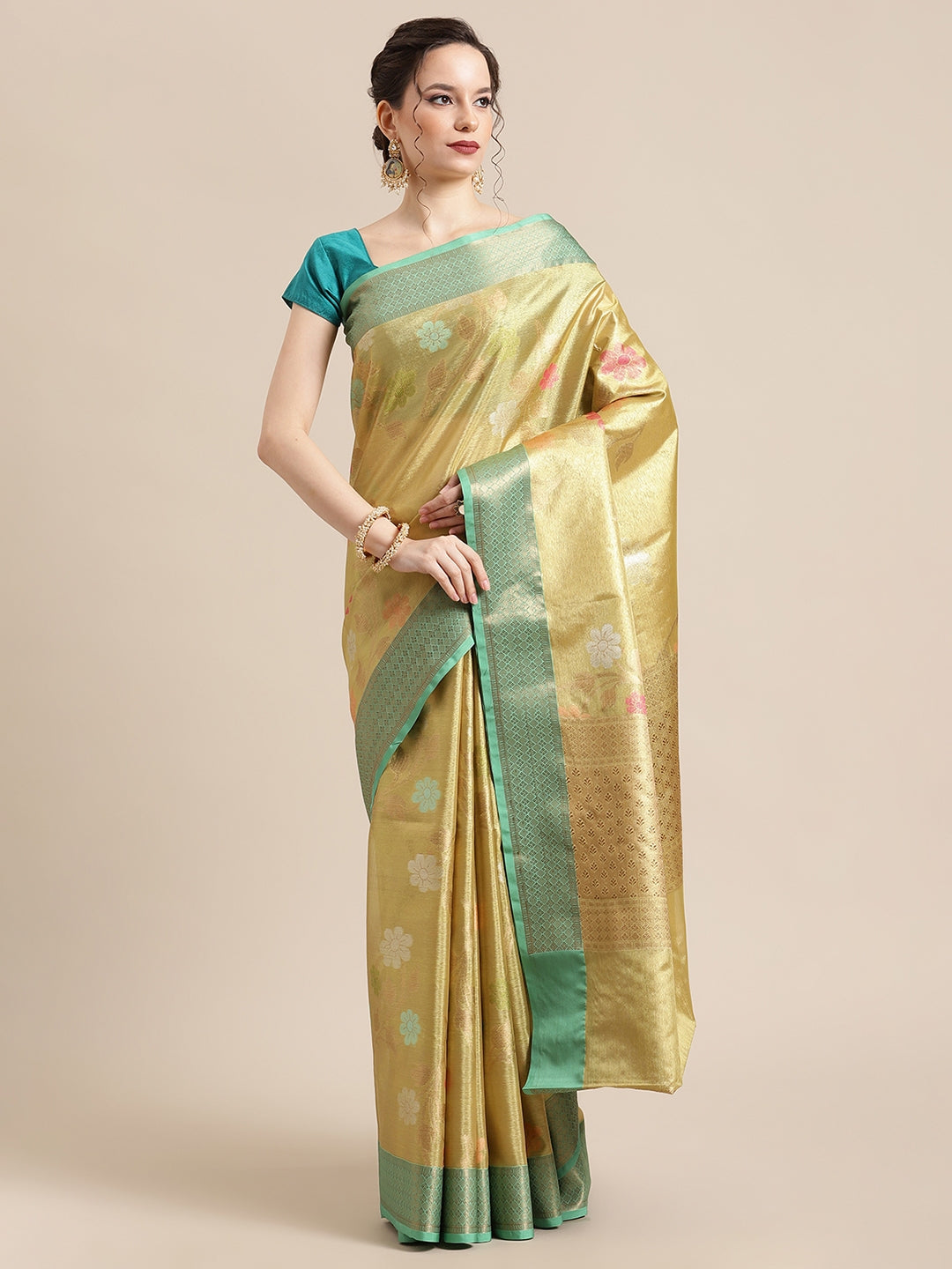 Faishana Presents Lemon Gold & Seagreen Tissue Meena Jaal Zari Border With Gold Blouse Banarasi Saree
