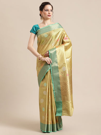 Faishana Presents Lemon Gold & Seagreen Tissue Meena Jaal Zari Border With Gold Blouse Banarasi Saree