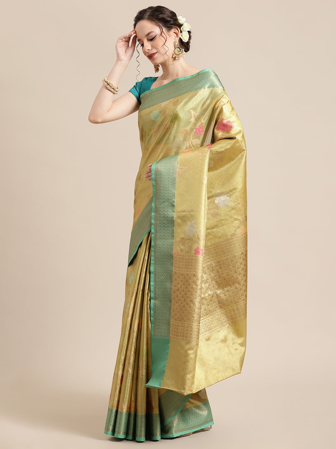Faishana Presents Lemon Gold & Seagreen Tissue Meena Jaal Zari Border With Gold Blouse Banarasi Saree