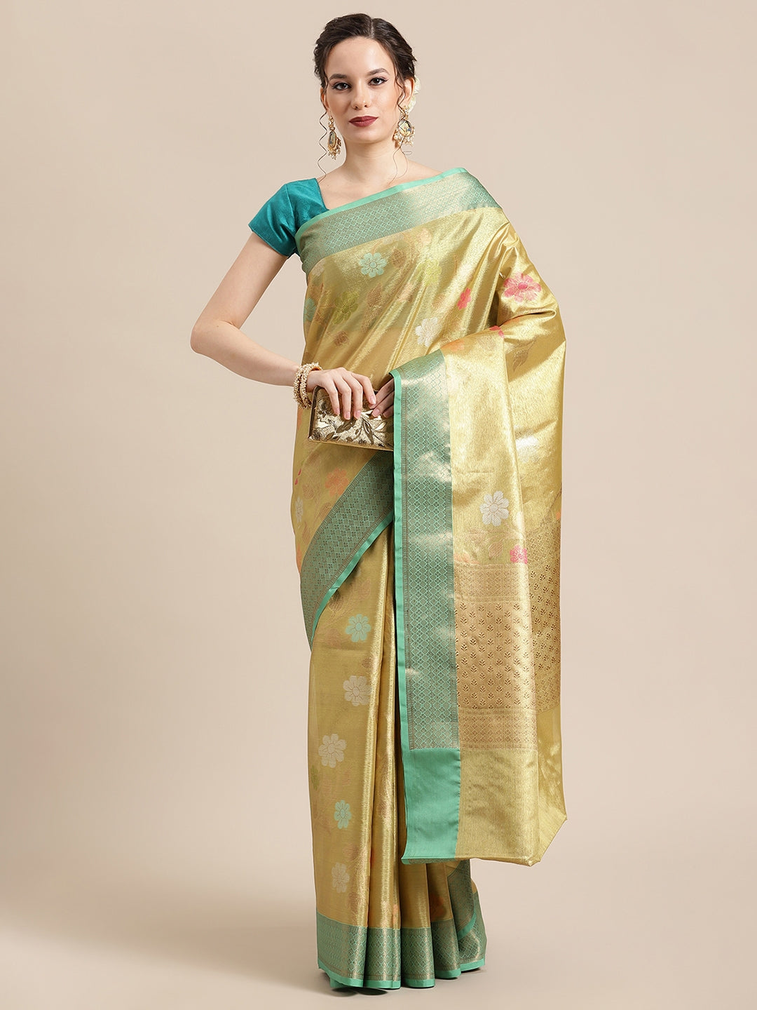 Faishana Presents Lemon Gold & Seagreen Tissue Meena Jaal Zari Border With Gold Blouse Banarasi Saree
