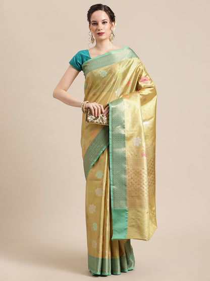 Faishana Presents Lemon Gold & Seagreen Tissue Meena Jaal Zari Border With Gold Blouse Banarasi Saree