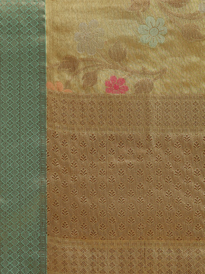 Faishana Presents Lemon Gold & Seagreen Tissue Meena Jaal Zari Border With Gold Blouse Banarasi Saree