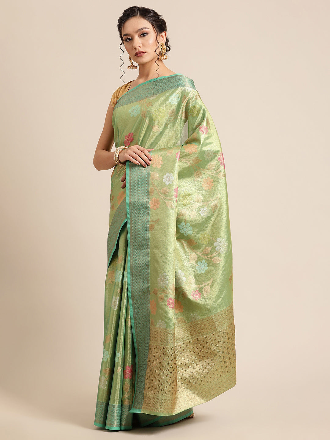 Faishana Presents Pistachio Gold & Seagreen Tissue Meena Jaal Zari Border With Seagreen Blouse Banarasi Saree