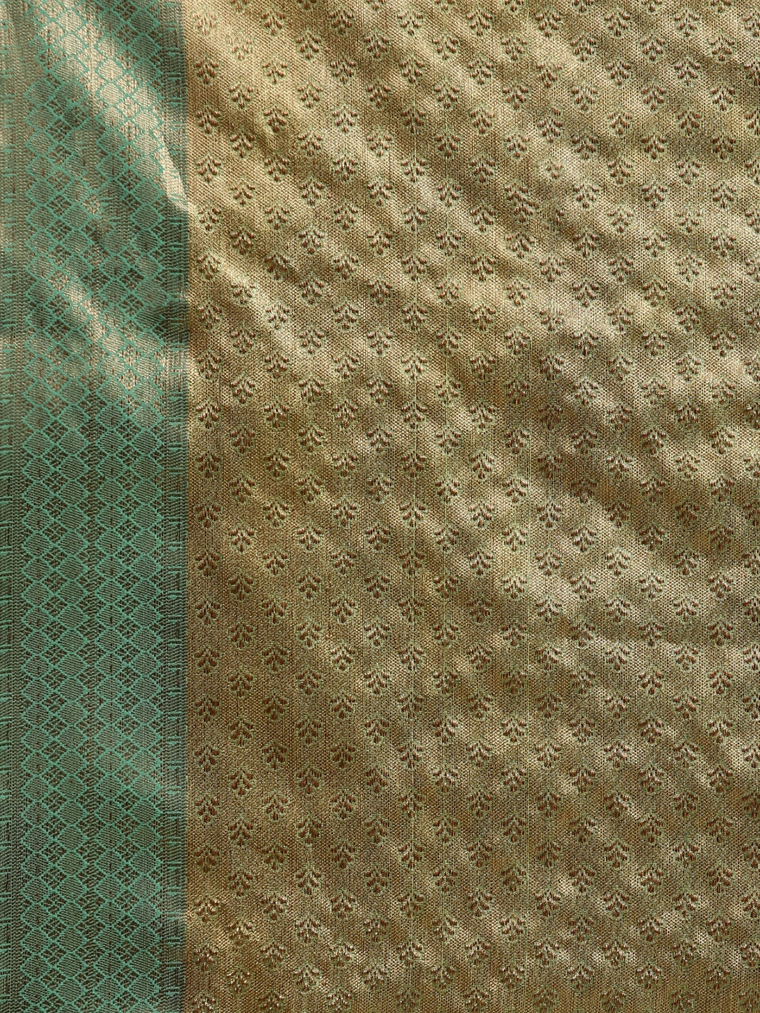 Faishana Presents Pistachio Gold & Seagreen Tissue Meena Jaal Zari Border With Seagreen Blouse Banarasi Saree