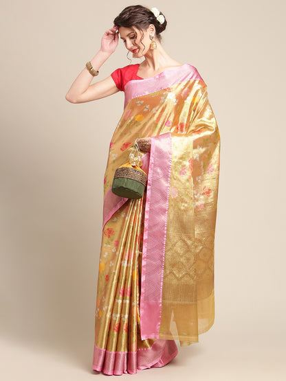 Faishana Presents Antique Gold & Pink Tilfi Jamdani Jaal Border With Gold Blouse Banarasi Saree