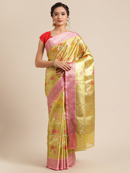 Faishana Presents Lemon Gold & Pink Tilfi Jamdani Jaal Zari Border With Gold Blouse Banarasi Saree