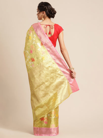 Faishana Presents Lemon Gold & Pink Tilfi Jamdani Jaal Zari Border With Gold Blouse Banarasi Saree