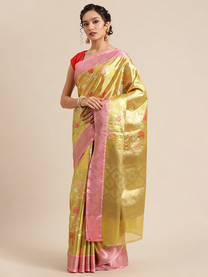 Faishana Presents Lemon Gold & Pink Tilfi Jamdani Jaal Zari Border With Gold Blouse Banarasi Saree