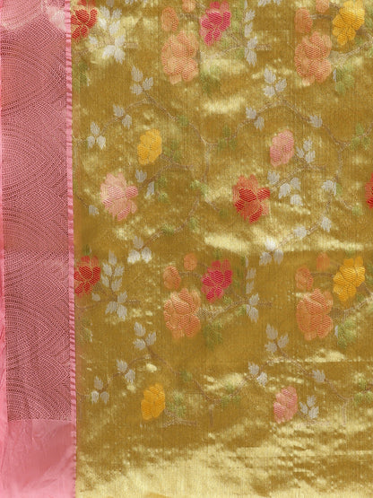 Faishana Presents Lemon Gold & Pink Tilfi Jamdani Jaal Zari Border With Gold Blouse Banarasi Saree