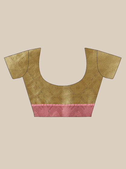 Faishana Presents Lemon Gold & Pink Tilfi Jamdani Jaal Zari Border With Gold Blouse Banarasi Saree