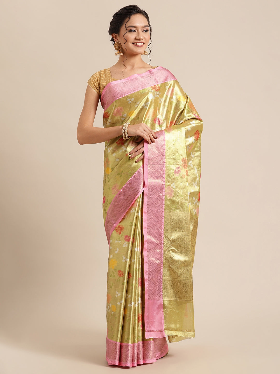 Faishana Presents Pistachio Gold & Pink Tilfi Jamdani Jaal Border With Gold Blouse Banarasi Saree