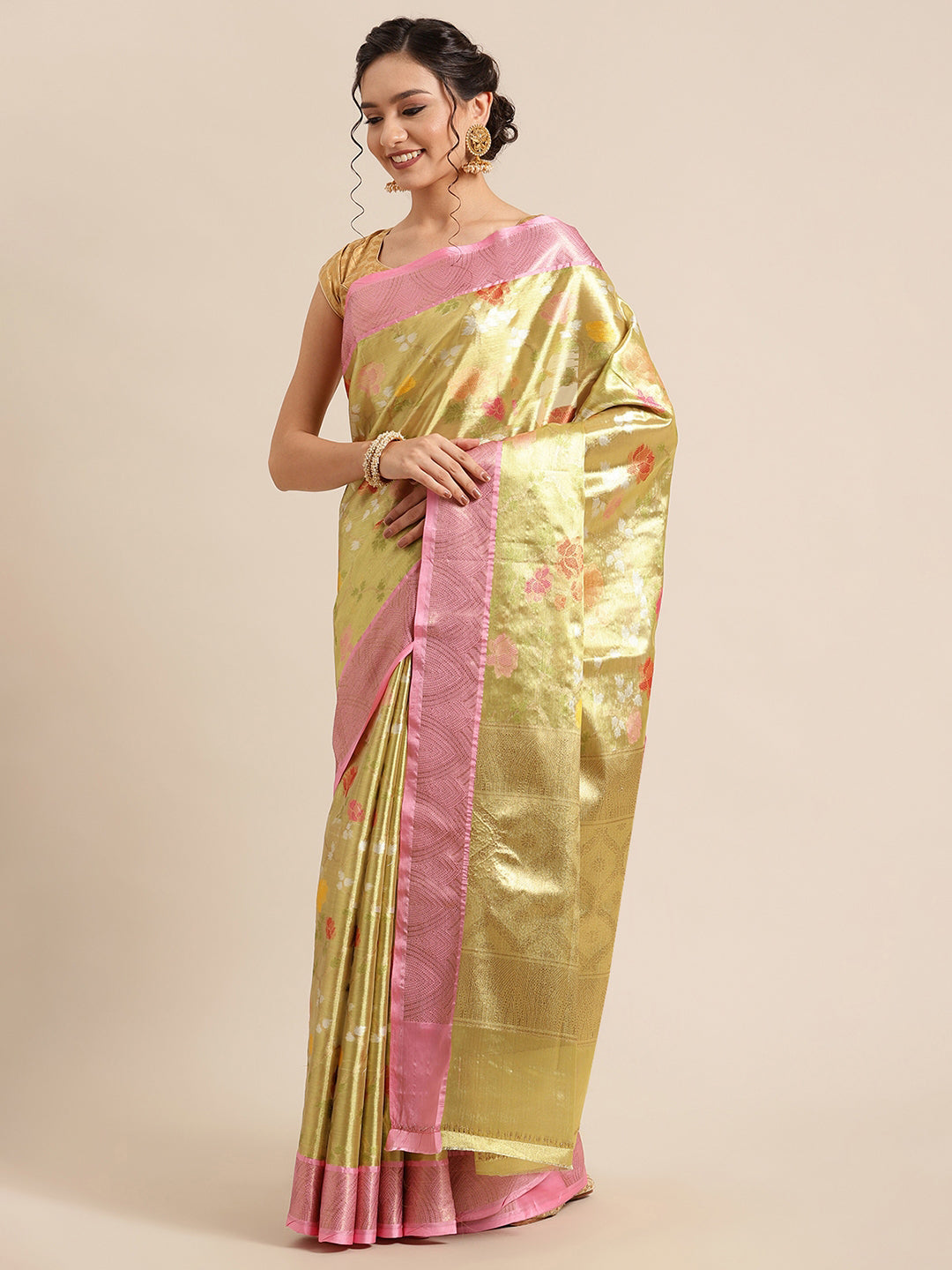 Faishana Presents Pistachio Gold & Pink Tilfi Jamdani Jaal Border With Gold Blouse Banarasi Saree