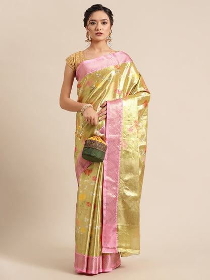 Faishana Presents Pistachio Gold & Pink Tilfi Jamdani Jaal Border With Gold Blouse Banarasi Saree