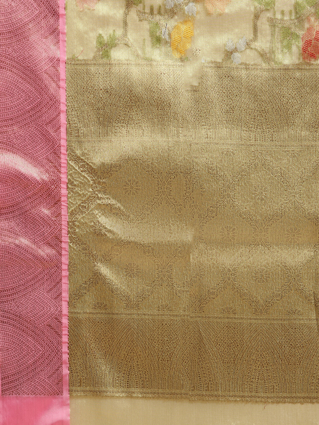 Faishana Presents Pistachio Gold & Pink Tilfi Jamdani Jaal Border With Gold Blouse Banarasi Saree