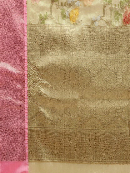 Faishana Presents Pistachio Gold & Pink Tilfi Jamdani Jaal Border With Gold Blouse Banarasi Saree