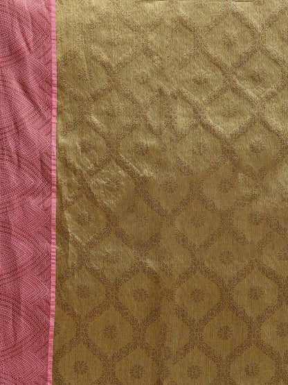Faishana Presents Pistachio Gold & Pink Tilfi Jamdani Jaal Border With Gold Blouse Banarasi Saree
