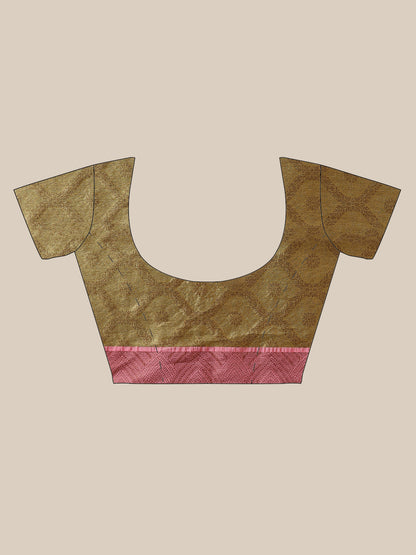 Faishana Presents Pistachio Gold & Pink Tilfi Jamdani Jaal Border With Gold Blouse Banarasi Saree