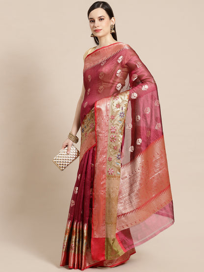 Faishana Presents Magenta & Red Paithani Border With Booti Art Silk Skirt Paithani Border With Red Blouse Banarasi Saree