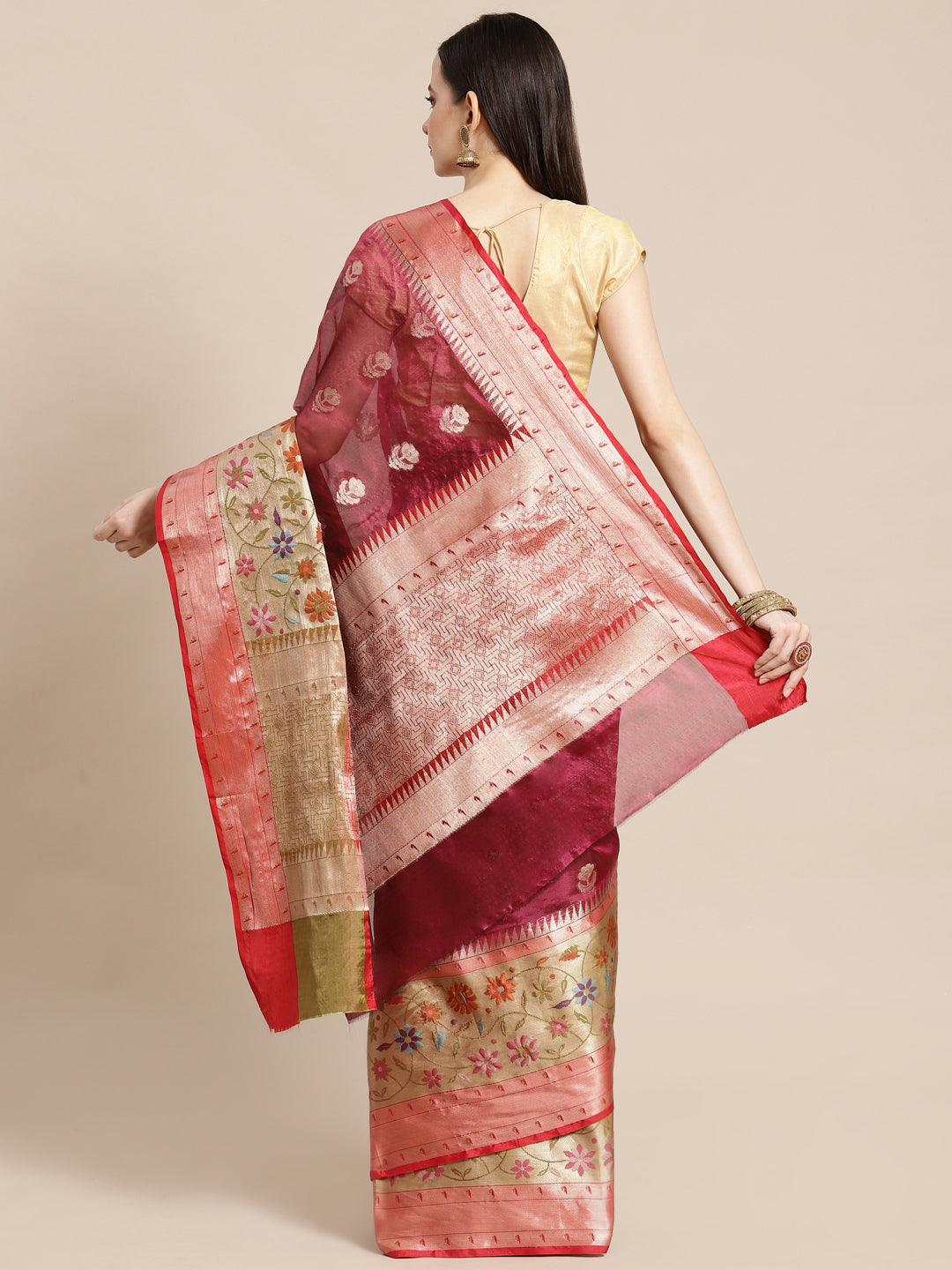 Faishana Presents Magenta & Red Paithani Border With Booti Art Silk Skirt Paithani Border With Red Blouse Banarasi Saree