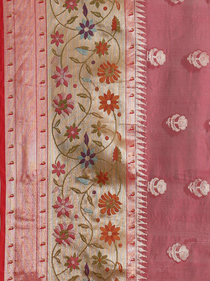 Faishana Presents Magenta & Red Paithani Border With Booti Art Silk Skirt Paithani Border With Red Blouse Banarasi Saree