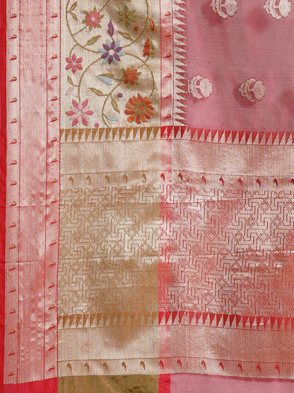 Faishana Presents Magenta & Red Paithani Border With Booti Art Silk Skirt Paithani Border With Red Blouse Banarasi Saree
