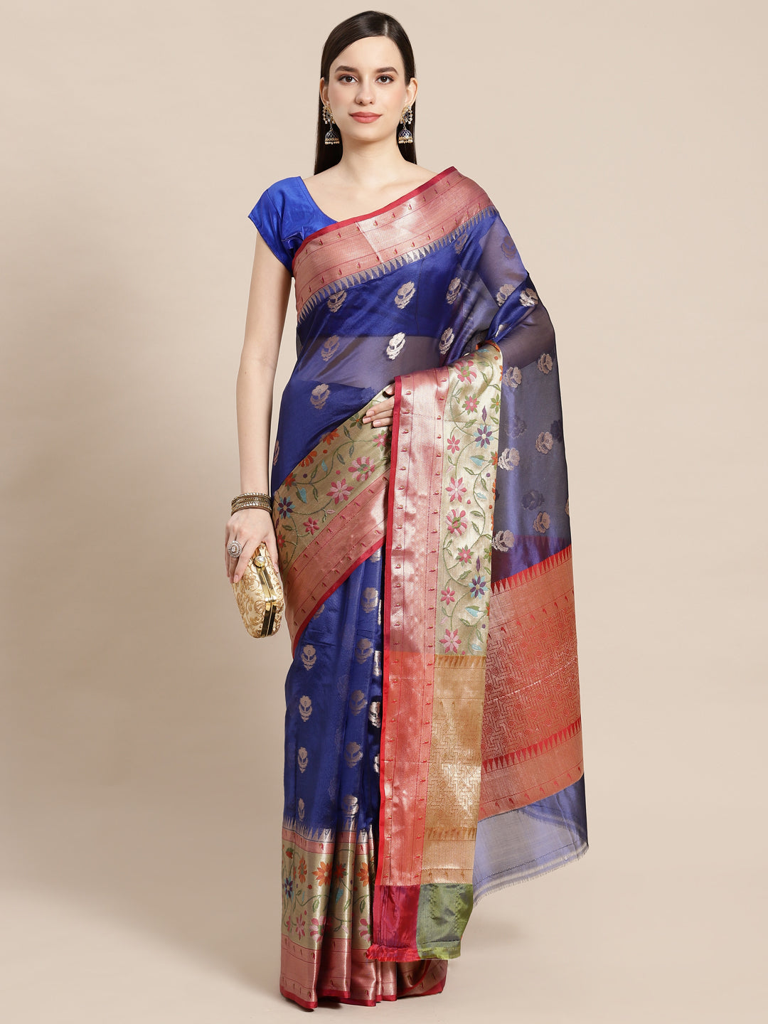 Faishana Presents Navy Blue & Magenta Paithani Border With Booti Art Silk Skirt Paithani Banarasi Border With Magenta Blouse Banarasi Saree