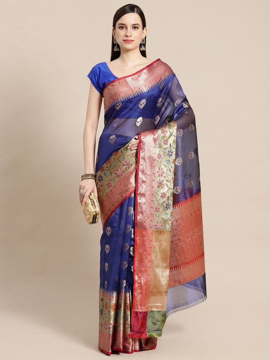 Faishana Presents Navy Blue & Magenta Paithani Border With Booti Art Silk Skirt Paithani Banarasi Border With Magenta Blouse Banarasi Saree
