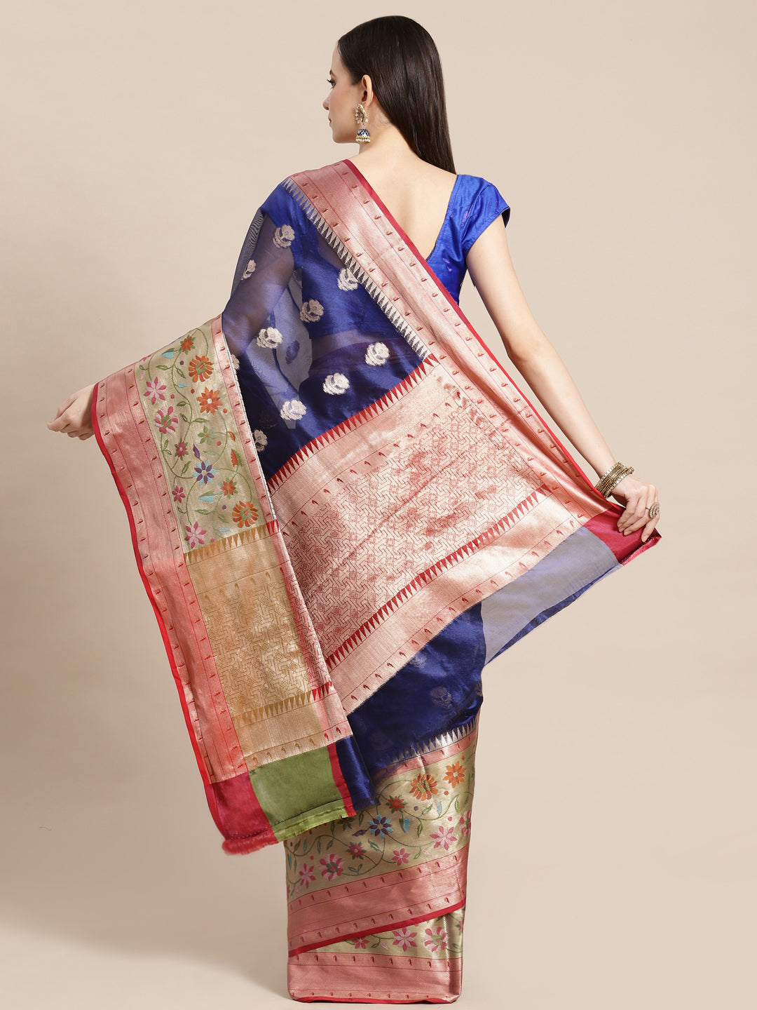 Faishana Presents Navy Blue & Magenta Paithani Border With Booti Art Silk Skirt Paithani Banarasi Border With Magenta Blouse Banarasi Saree