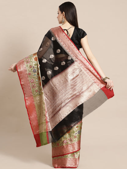 Faishana Presents Black & Maroon Paithani Border With Booti Art Silk Skirt Paithani Border With Maroon Blouse Banarasi Saree