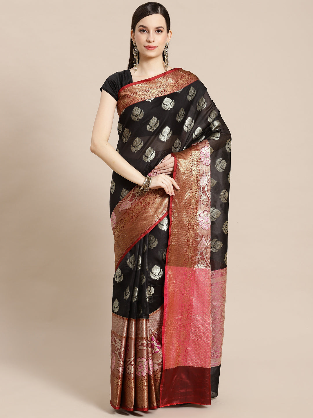 Faishana Presents Black & Maroon Booti Artsilk Meena Skirt Paithani Border With Maroon Blouse Banarasi Saree