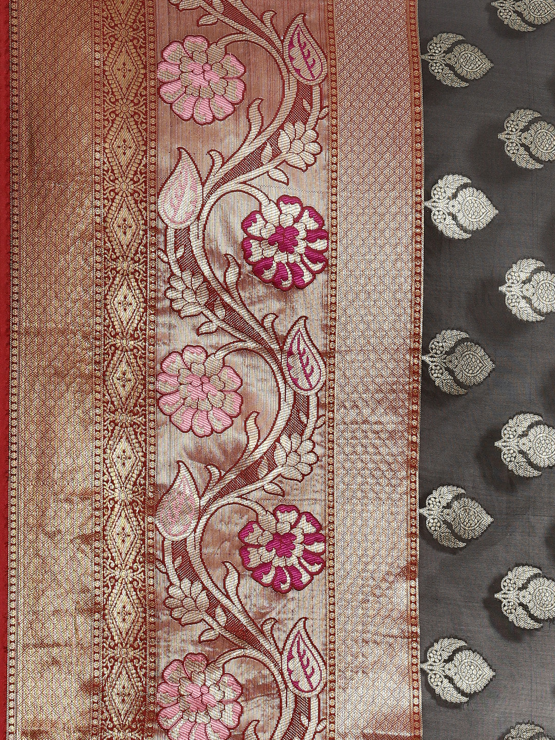 Faishana Presents Black & Maroon Booti Artsilk Meena Skirt Paithani Border With Maroon Blouse Banarasi Saree