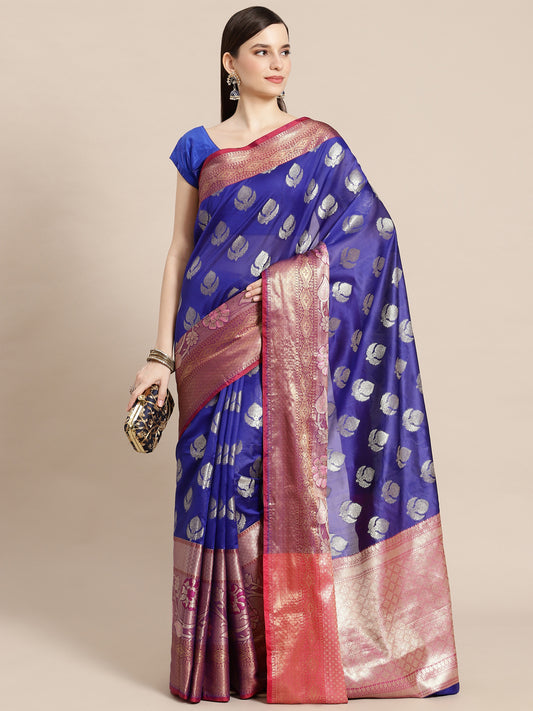 Faishana Presents Royal Blue & Magenta Booti Art Silk Meena Skirt Paithani Banarasi Border With Magenta Blouse Banarasi Saree