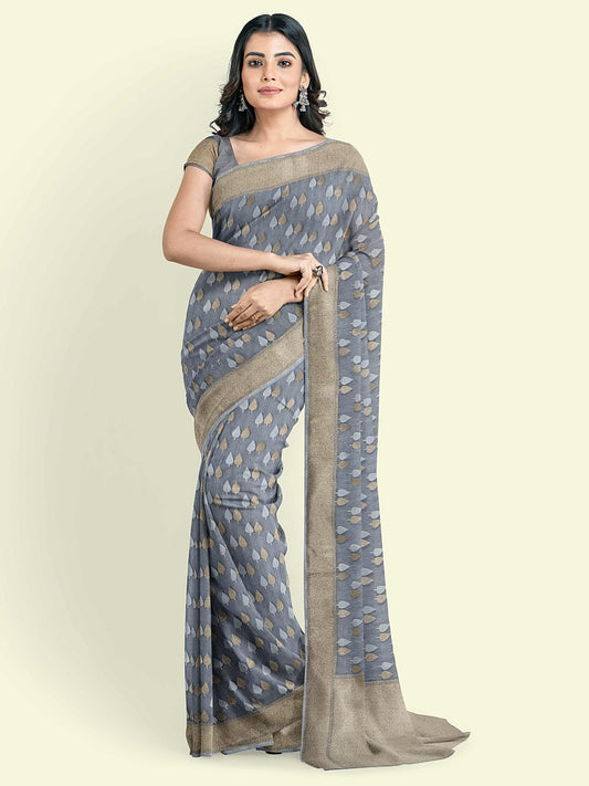 Faishana Presents Black Cotton Chunri Booti With Grey Blouse Banarasi Saree