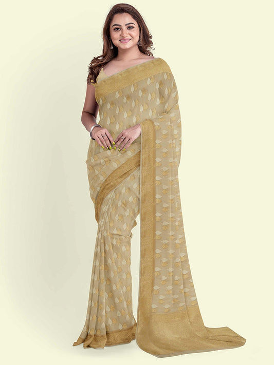Faishana Presents Beige Kora Cotton Chunri Booti With Beige Blouse Banarasi Saree