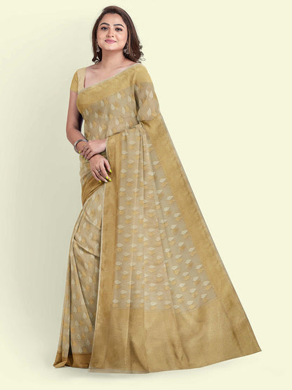 Faishana Presents Beige Kora Cotton Chunri Booti With Beige Blouse Banarasi Saree