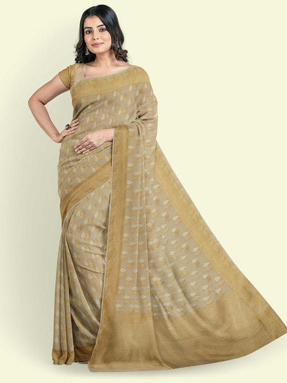 Faishana Presents Beige Kora Cotton Chunri Booti With Beige Blouse Banarasi Saree
