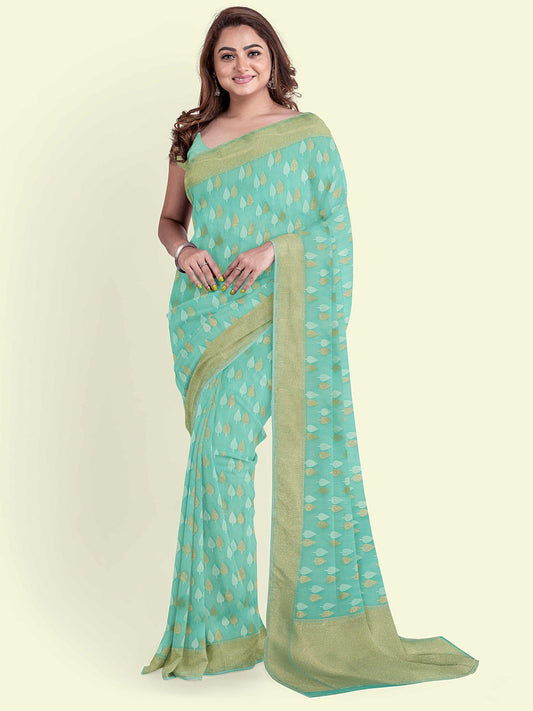 Faishana Presents Sea Green Kora Cotton Chunri Booti With Sea Green Blouse Banarasi Saree