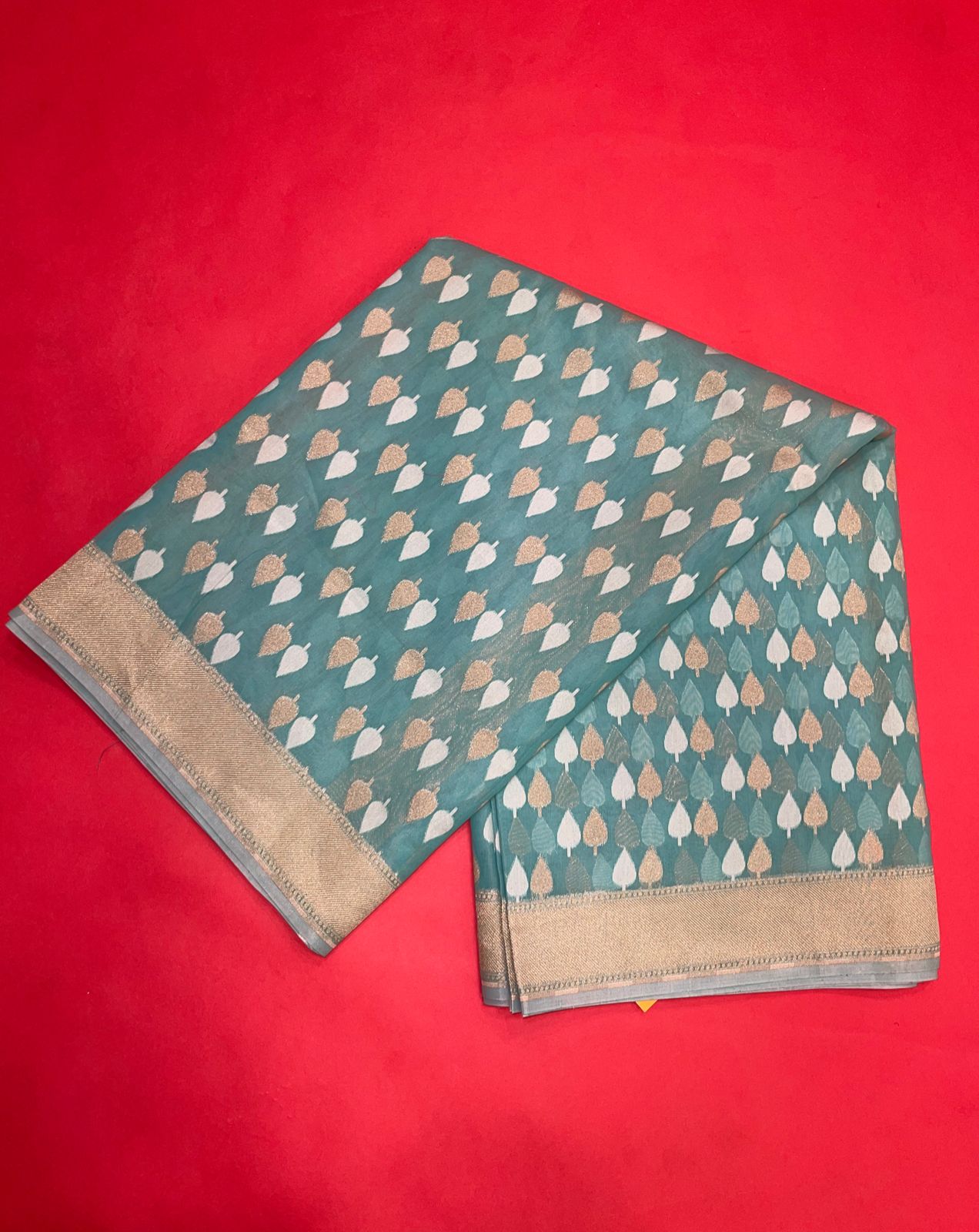 Faishana Presents Sea Green Kora Cotton Chunri Booti With Sea Green Blouse Banarasi Saree