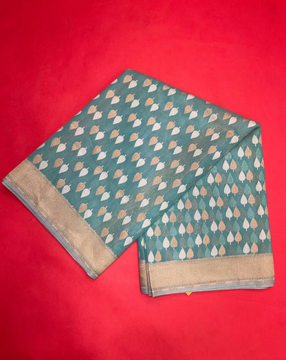 Faishana Presents Sea Green Kora Cotton Chunri Booti With Sea Green Blouse Banarasi Saree